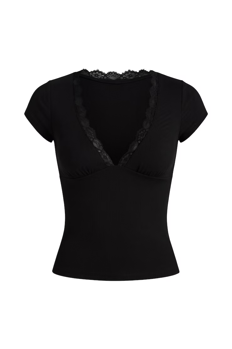 Snatchrib Plunge Lace Trim T-Shirt - Image 2