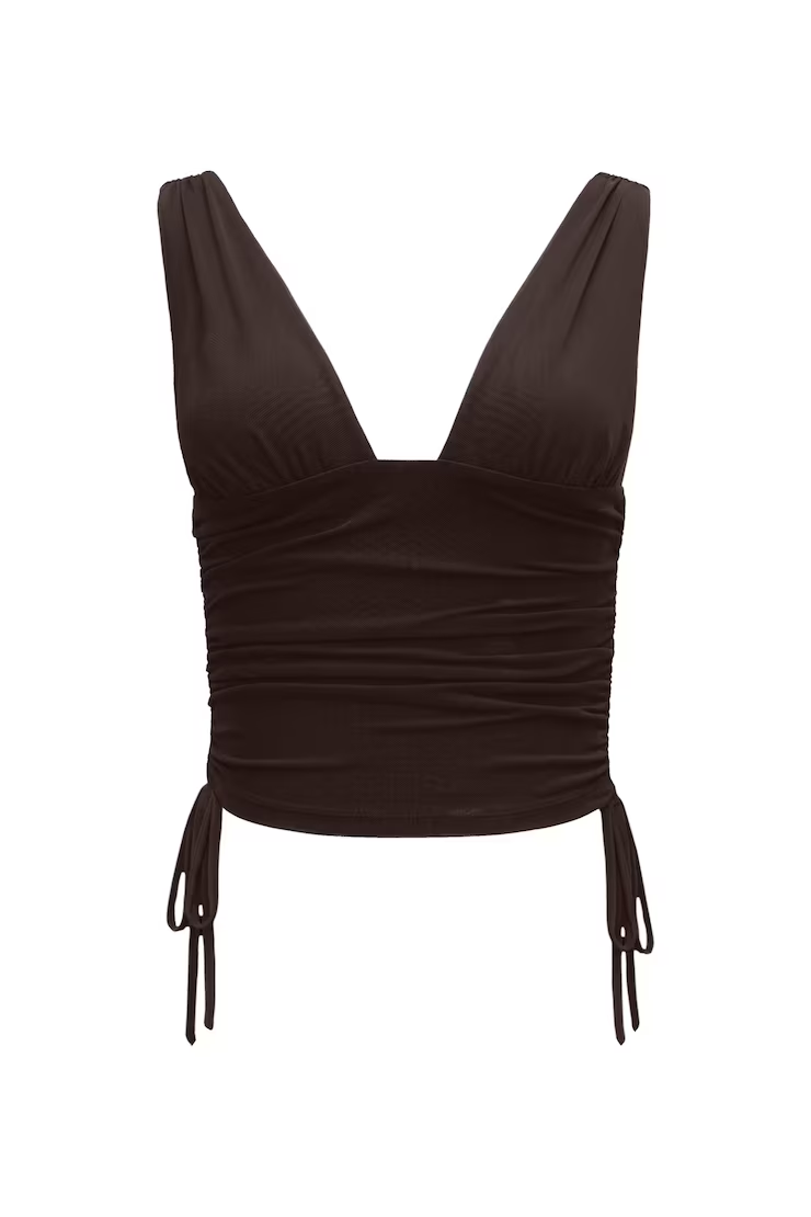 Plunge Ruched Tie Mesh Top - Image 2