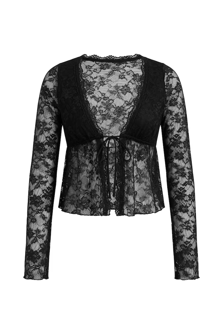 Lace Tie Front Long Sleeve Top - Image 2